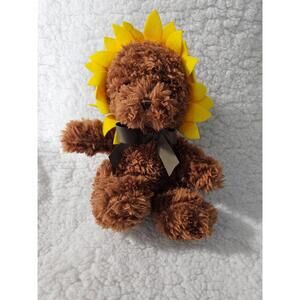 Aurora Teddy Bear Sunflower Hat Stuffed Animal Plush Toy Brown 2022 Bean Bag 7"